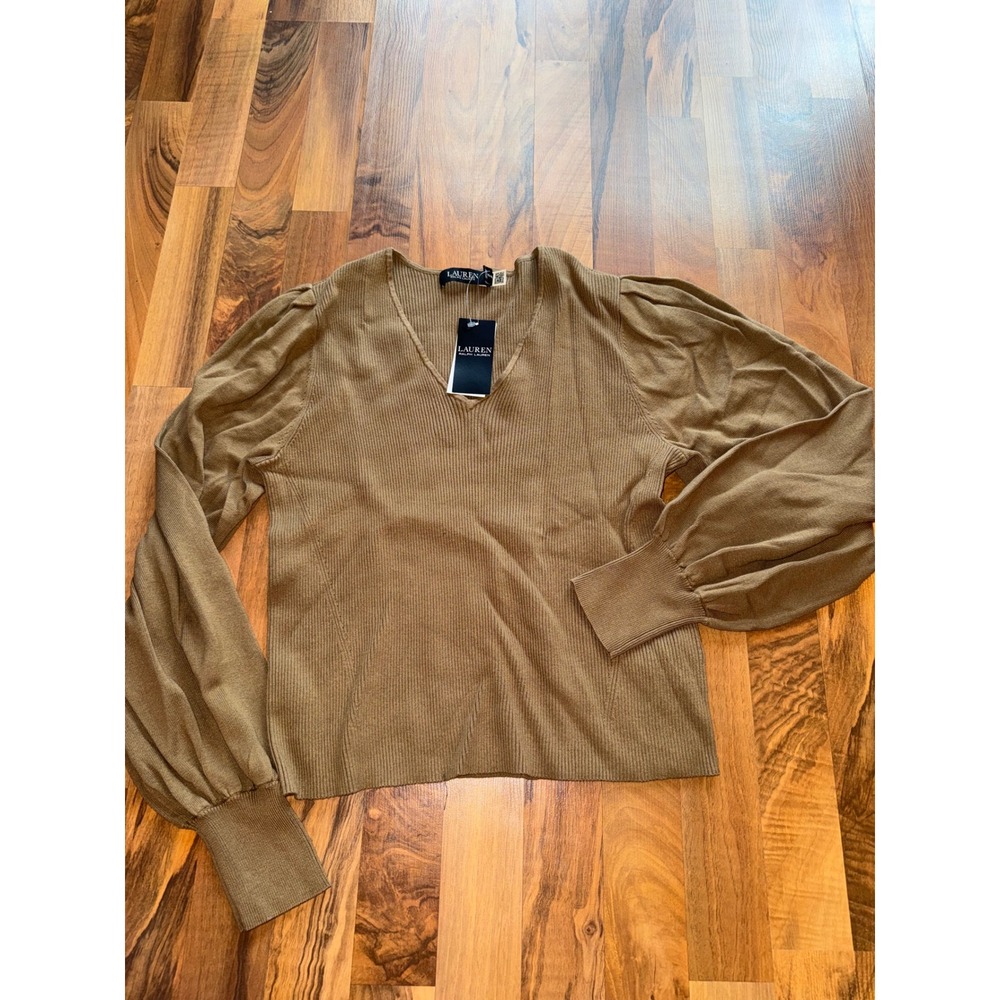 Lauren‎ Ralph Lauren Sweater Womens XL Tan NEW Puff Sleeve Ribbed V-Neck Knit